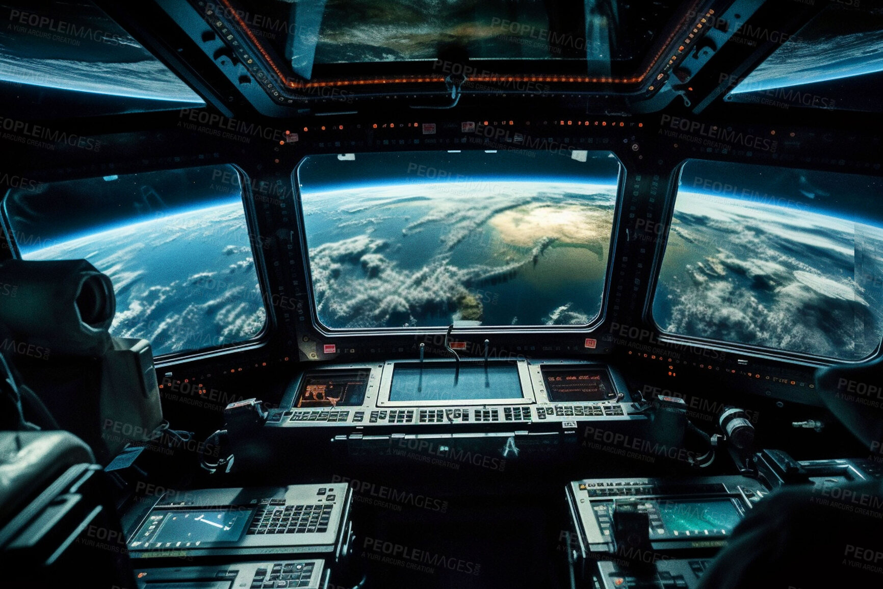 Buy stock photo Shuttle, window and space earth in night armageddon universe, galaxy and solar system in control room. Ai generated, background and futuristic planets in orbit, dark sky and astronomy atmosphere