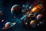 Space, planets and asteroid in night sky solar system, universe and galaxy with jupiter, mars or pluto. Ai generated, background and futuristic cosmos in dark orbit, dark sky and astronomy atmosphere