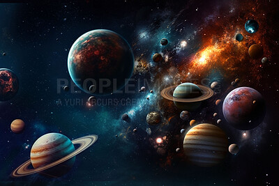 Buy stock photo Space, planets and asteroid in night sky solar system, universe and galaxy with jupiter, mars or pluto. Ai generated, background and futuristic cosmos in dark orbit, dark sky and astronomy atmosphere