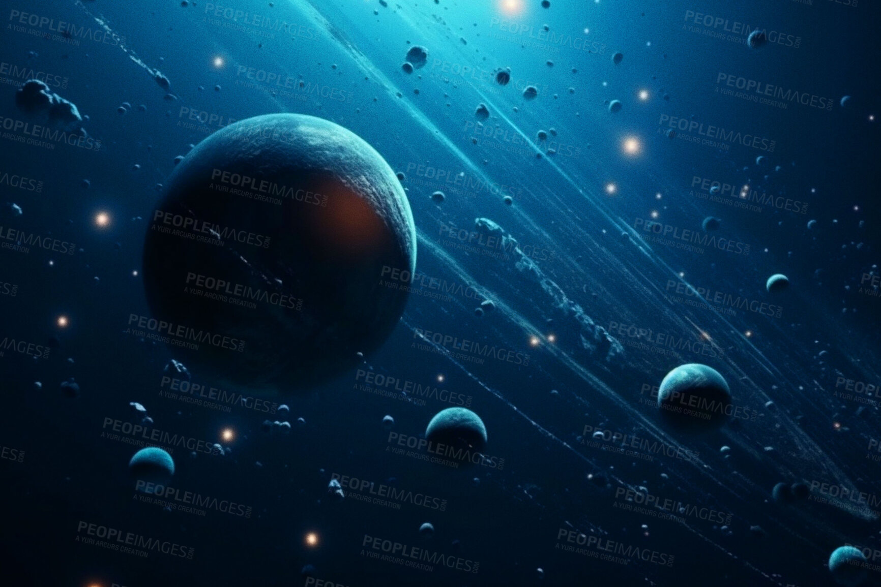 Buy stock photo Space, planets and night in universe, galaxy and solar system with jupiter, mars and pluto science. Ai generated, background and futuristic cosmos in dark orbit, dark sky and astronomy atmosphere