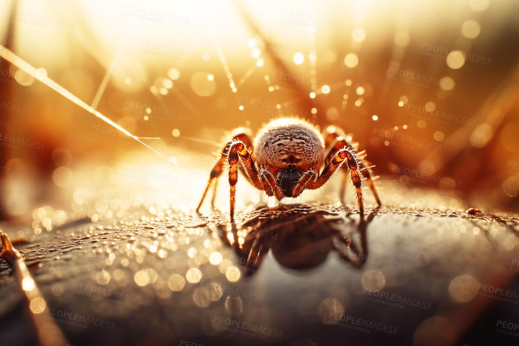 Buy stock photo Nature, closeup and dew drop with spider on web in forest for environment, summer and mockup. Ai generated, ecology and sustainability with insect on plant in garden for botany, wildlife and morning