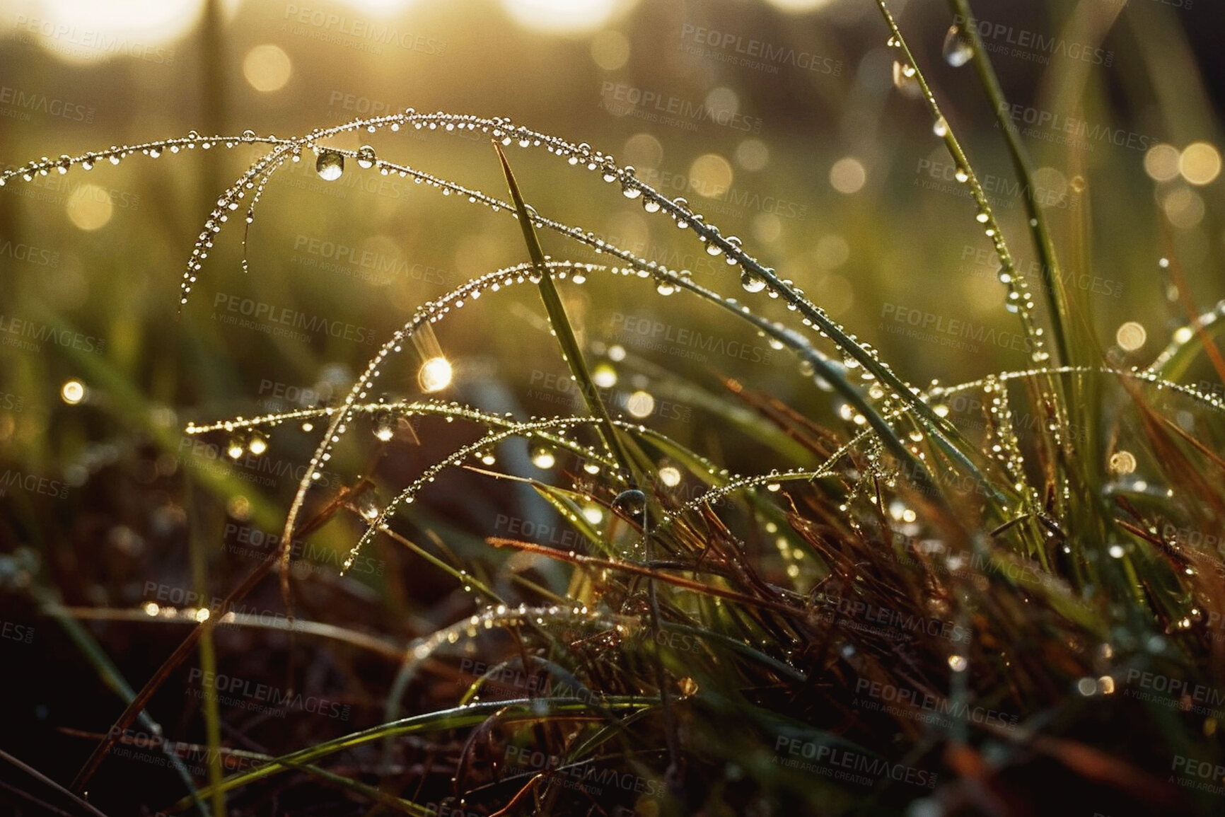 Buy stock photo Nature, dew drop and morning with grass in forest ground for rain, green environment and sustainability. Ai generated, condensation and closeup of water on plant for ecology, growth and summer