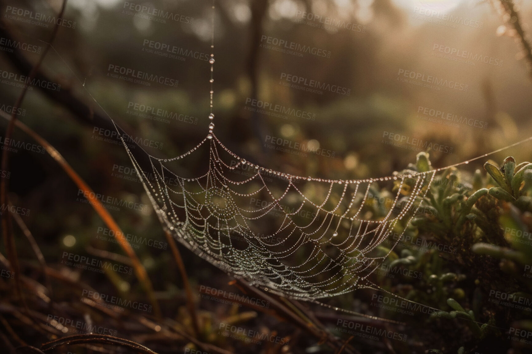 Buy stock photo Nature, rain and dew drop with spider web in forest for morning, green environment and sustainability. Ai generated, condensation and closeup of water on insect silk for ecology, growth and summer