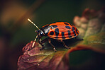 Nature, closeup and ladybug on leaf in forest for environment, summer and mockup. Ai generated, ecology and sustainability with insect on plant in garden for botany, wildlife and ladybird