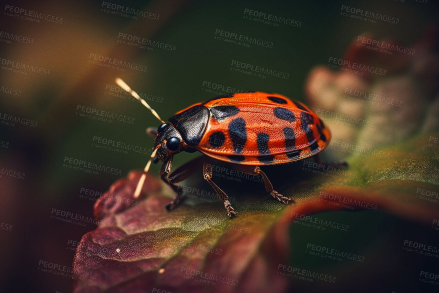 Buy stock photo Nature, closeup and ladybug on leaf in forest for environment, summer and mockup. Ai generated, ecology and sustainability with insect on plant in garden for botany, wildlife and ladybird