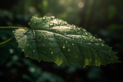 Nature, rain and morning with leaf in forest for dew drop, green environment and sustainability. Ai generated, condensation and closeup of water on garden plant for ecology, growth and summer