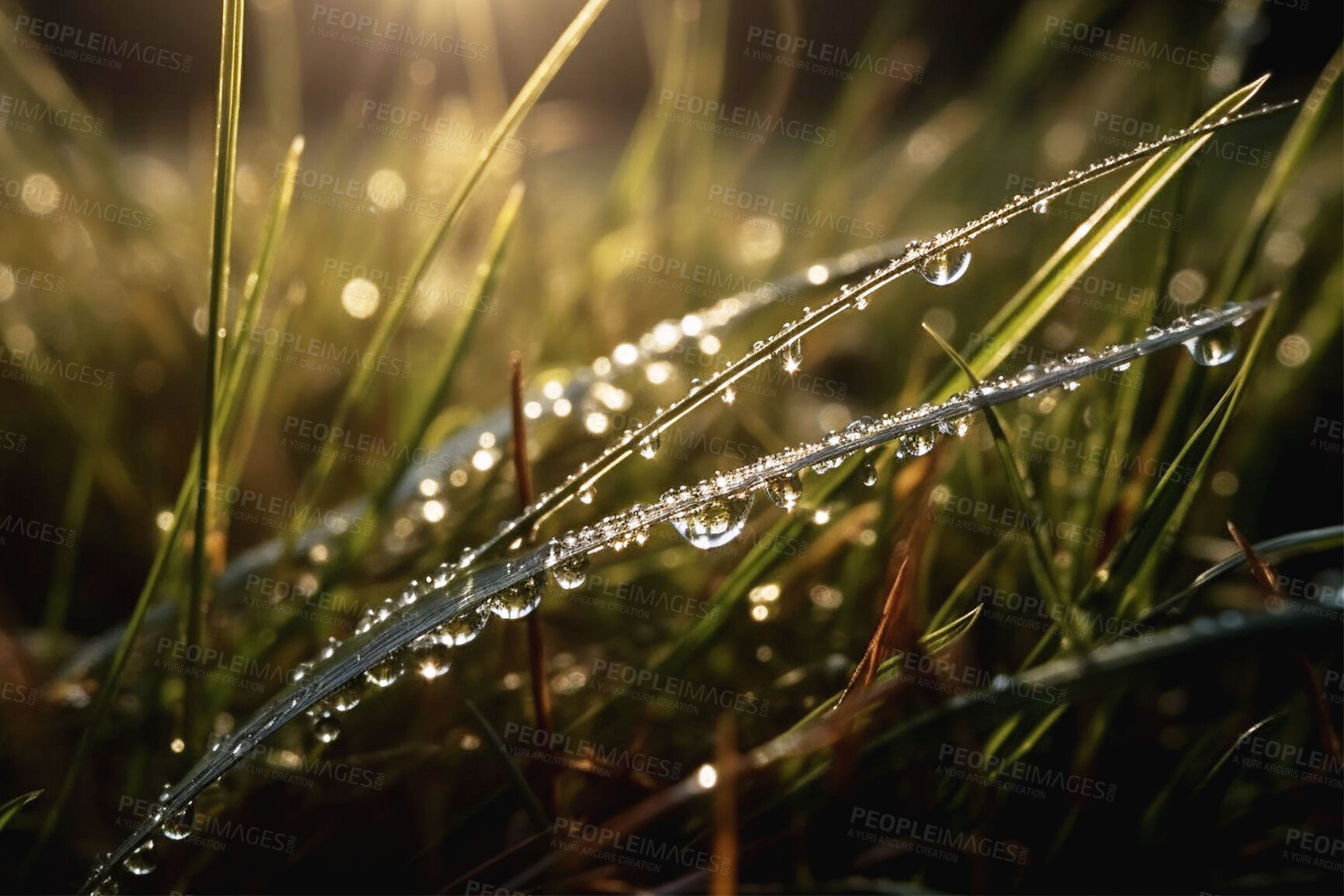 Buy stock photo Nature, ground and dew drop with grass in forest floor for morning rain, green environment and sustainability. Ai generated, condensation and closeup of water on plant for ecology, growth and summer