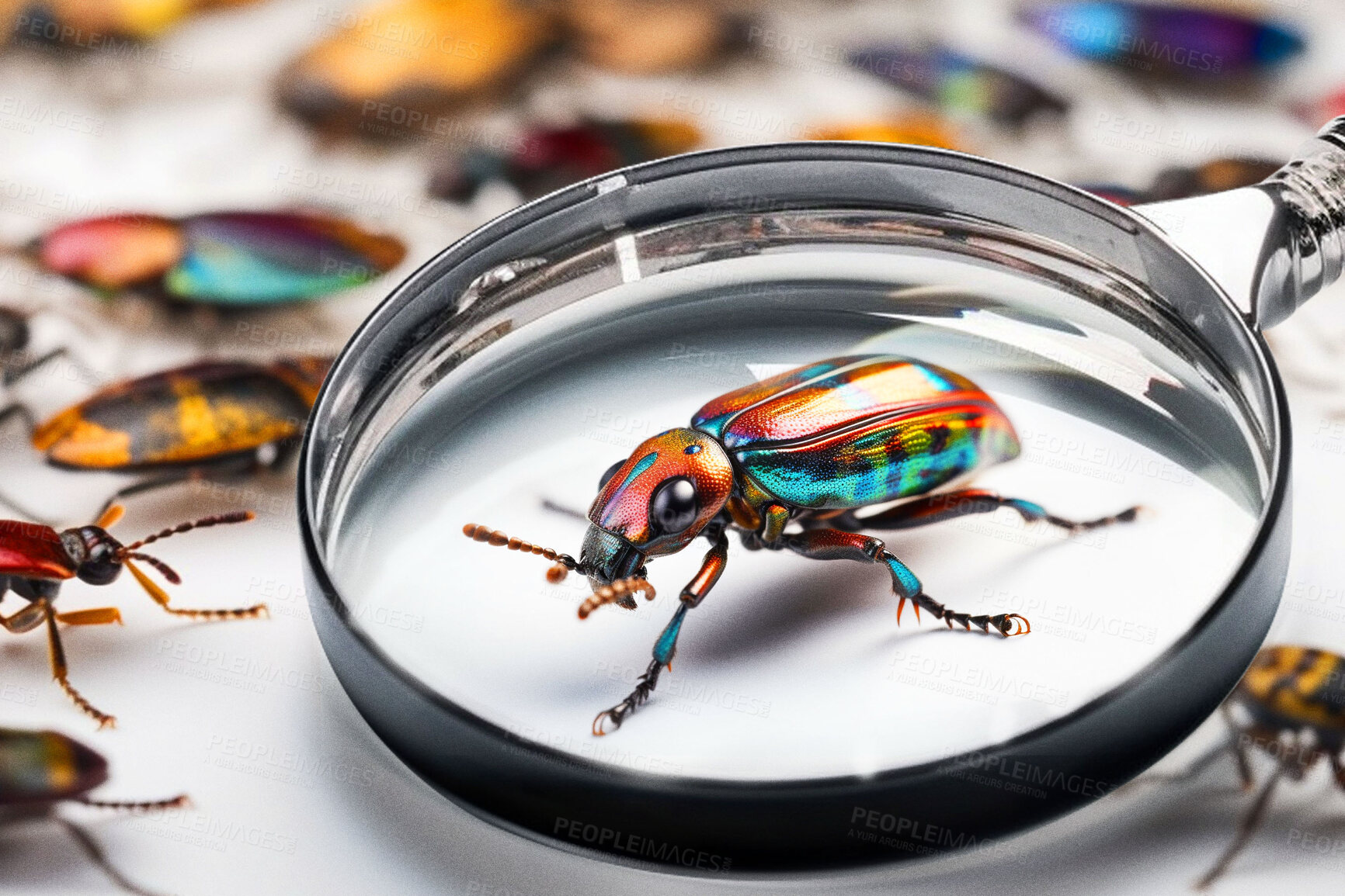 Buy stock photo Closeup, magnifying glass and jewel beetle on white studio background for science research, study and entomology mockup space. Ai generated, bugs or flying insects with magnifier for inspection