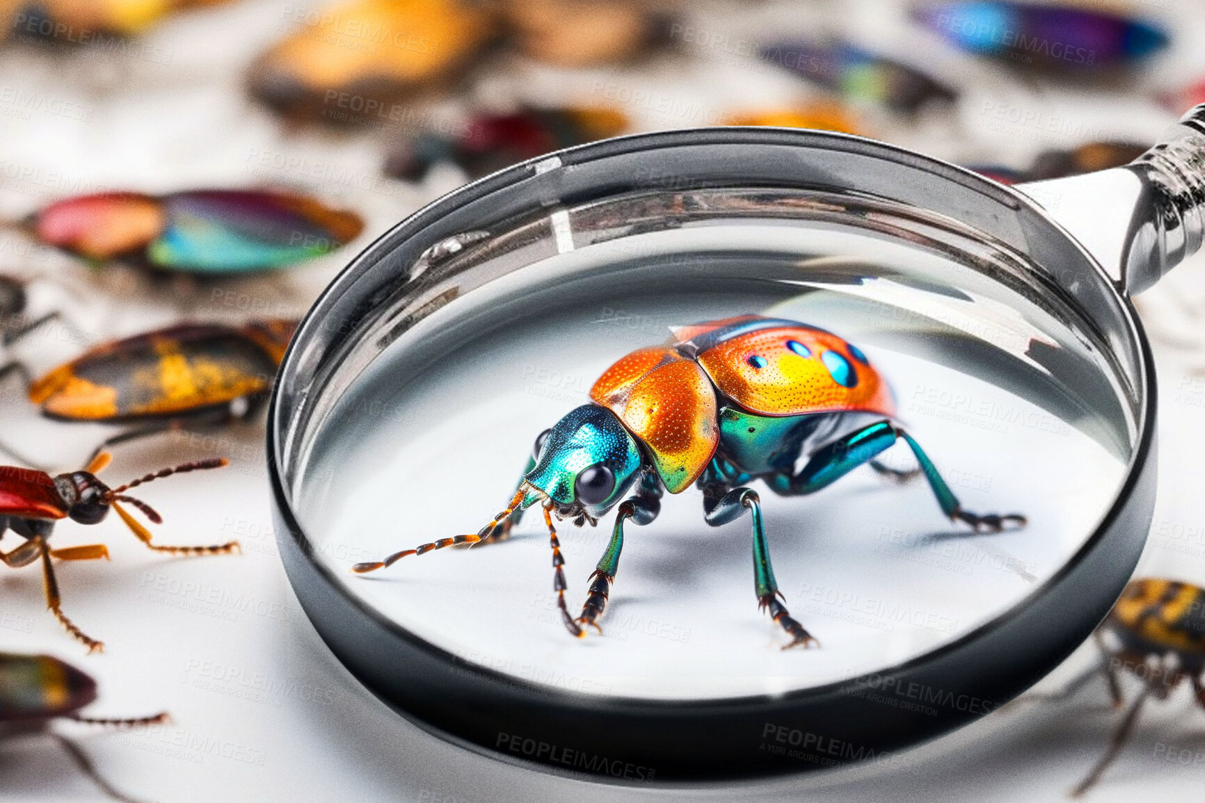 Buy stock photo Science, magnifying glass and dogbane beetle on white studio background for closeup research, study and entomology mockup space. Ai generated, bugs or flying insects with magnifier for inspection