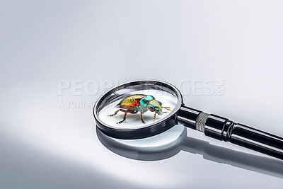 Buy stock photo Closeup, magnifying glass and dogbane beetle on white studio background for science research, study and entomology mockup space. Ai generated, bugs or flying insects with magnifier for inspection