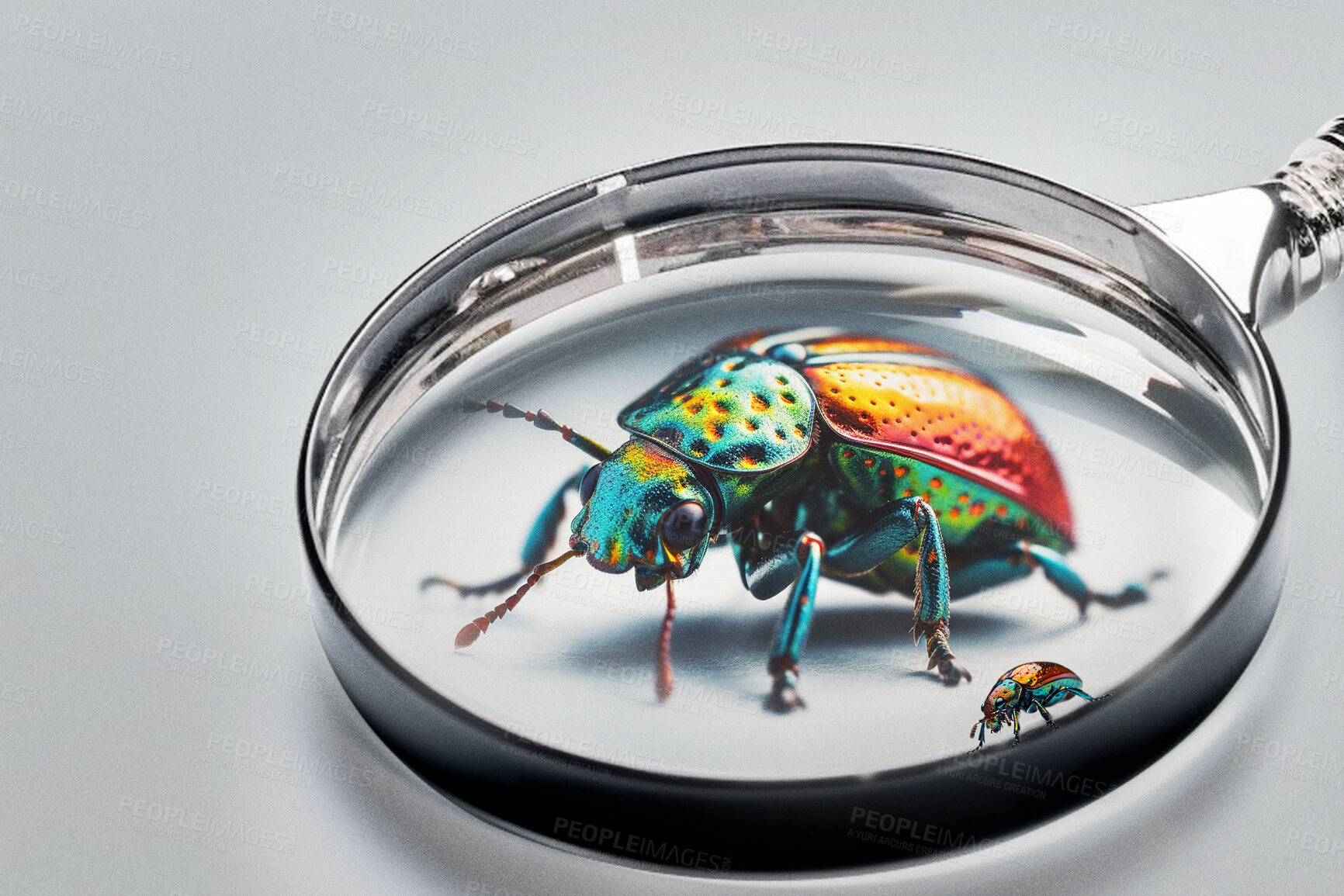 Buy stock photo Science, magnifying glass and dogbane beetle on white studio background for closeup research, study and entomology mockup space. Ai generated, bugs or flying insects with magnifier for inspection