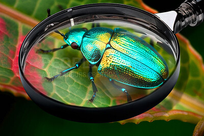 Closeup, magnifying glass and jewel beetle on green leaf plant for science research, study and entomology in nature garden. Ai generated, bugs or flying insects with magnifier for backyard inspection
