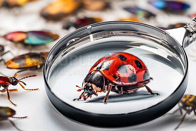 Closeup, magnifying glass and red ladybug on white studio background for science research, study and entomology mockup space. Ai generated, bugs and flying insects with magnifier for inspection