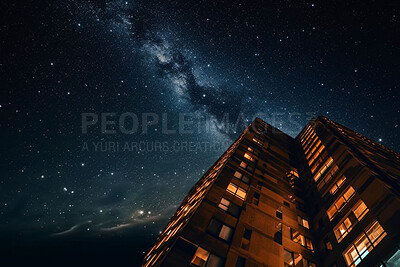 Evening, milky way and stars in low angle city for stargazing, astrophotography and dark sky view. Ai generated town, urban and architecture buildings in late night light with galaxy constellation