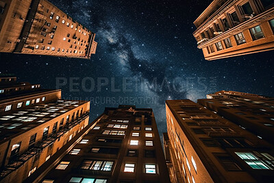 Buy stock photo Night, milky way and stars in low angle city for stargazing, astrophotography and dark sky view. Ai generated town, urban and architecture buildings in late evening light with galaxy constellation