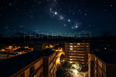 Evening, milky way and stars in dark sky in city for stargazing, astrophotography and starlight view. Ai generated town, urban and architecture buildings in late evening light with galaxy constellation