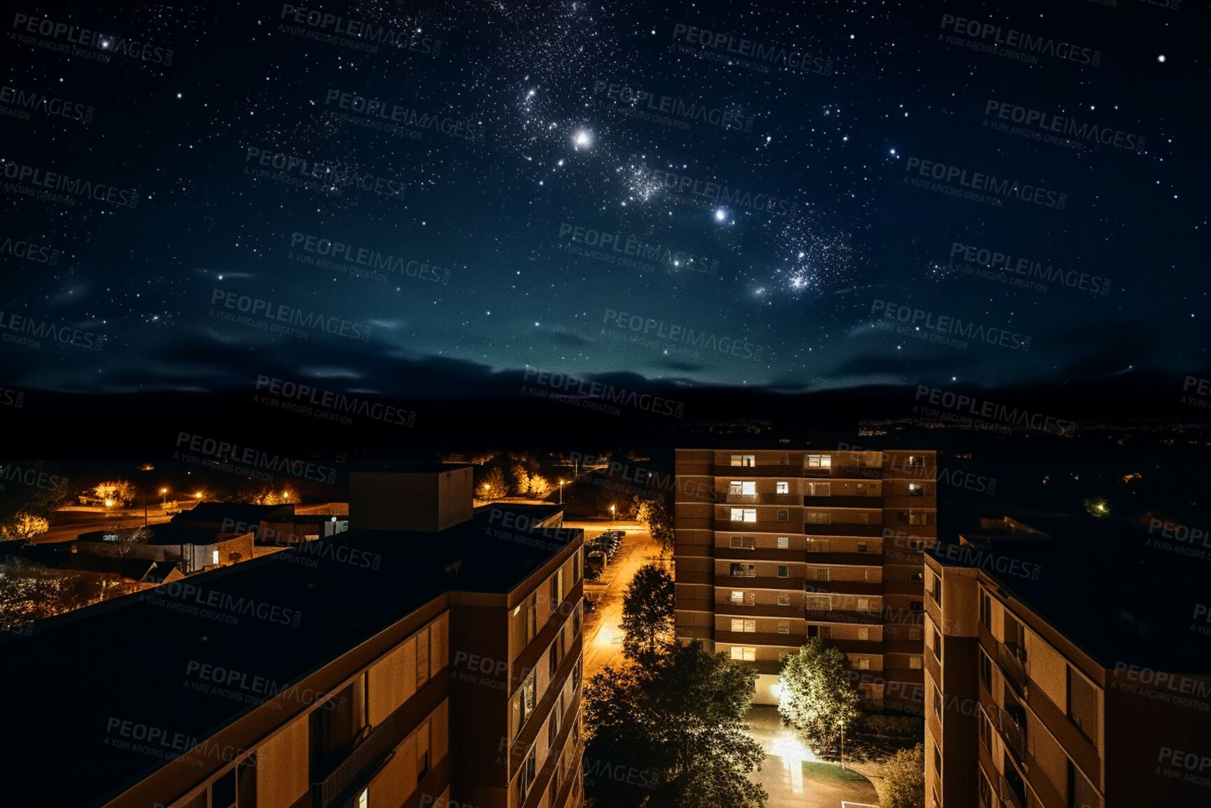 Buy stock photo Evening, milky way and stars in dark sky in city for stargazing, astrophotography and starlight view. Ai generated town, urban and architecture buildings in late evening light with galaxy constellation