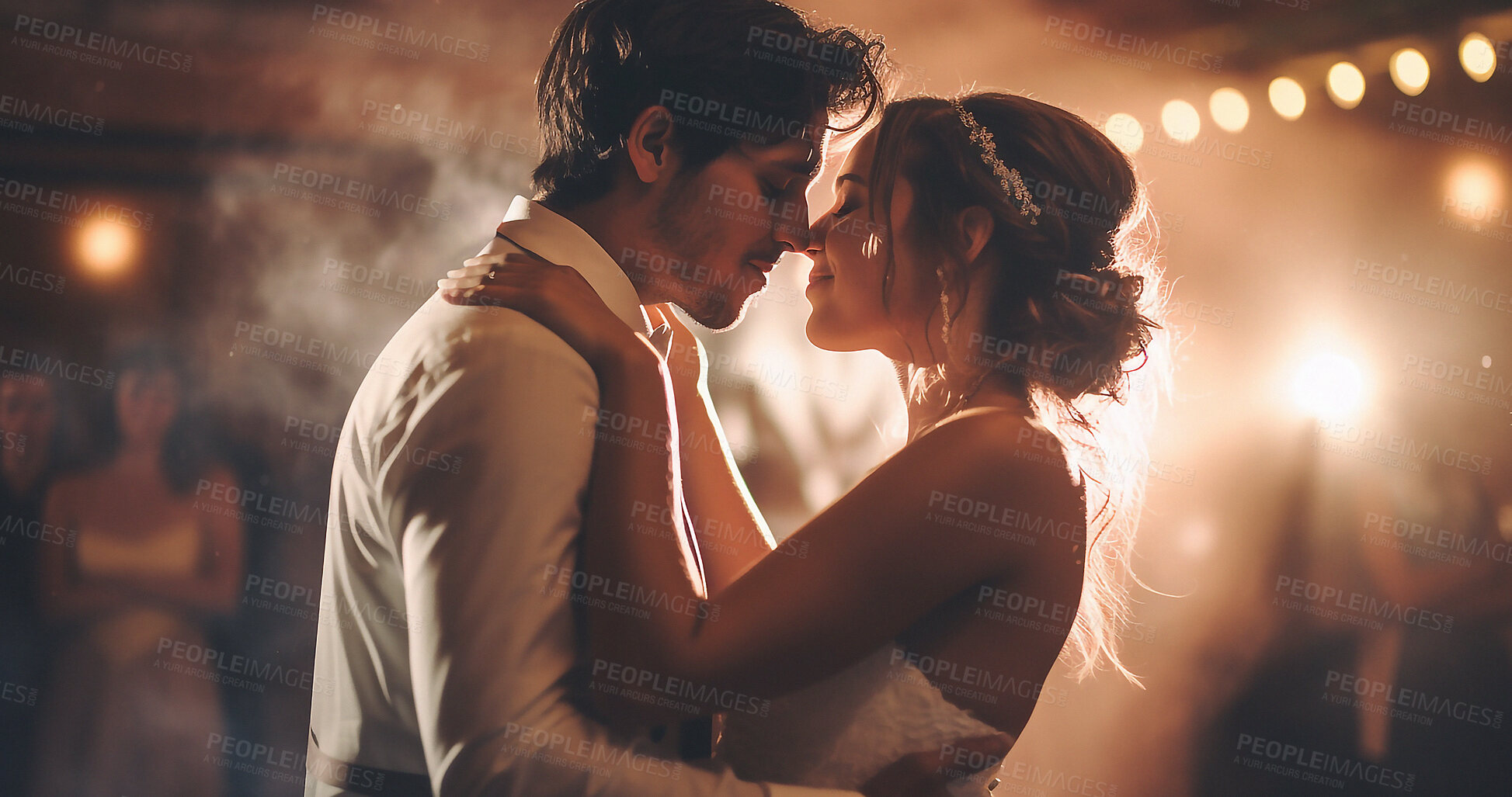 Buy stock photo Love, kiss and wedding with couple and dance for celebration, party and save the date event. Ai generated, ceremony and vows with man and woman dancing for marriage, romance and elegance