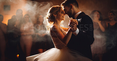 Buy stock photo Love, happy and wedding with couple and dance for celebration, party and save the date event. Ai generated, ceremony and vows with man and woman dancing for marriage, romance and elegance