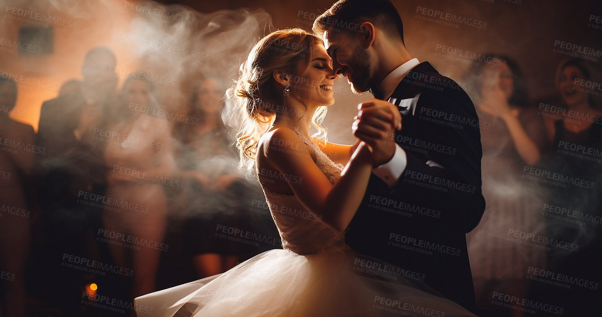 Buy stock photo Love, happy and wedding with couple and dance for celebration, party and save the date event. Ai generated, ceremony and vows with man and woman dancing for marriage, romance and elegance