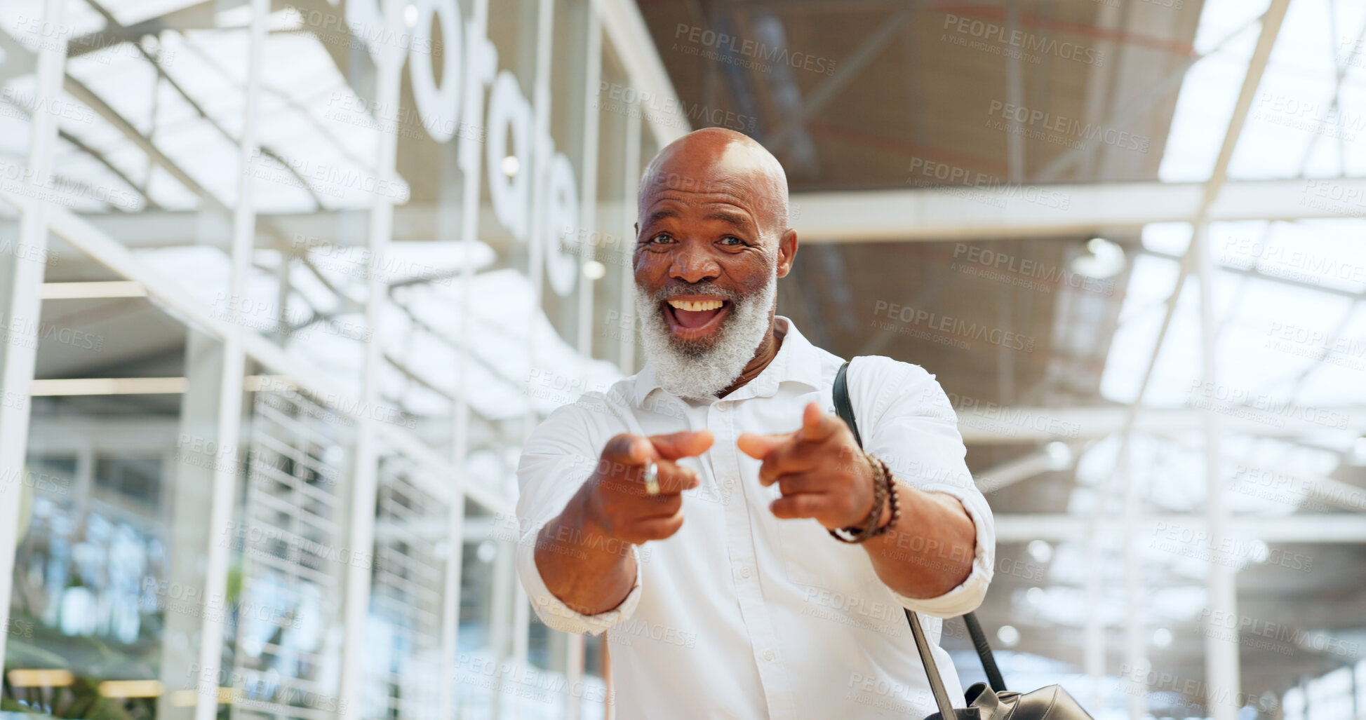 Buy stock photo Senior businessman, finger pointing and excited face with success, optimism and happy career. Professional, modern office and mature black man, hand gesture and happiness, portrait in New York office