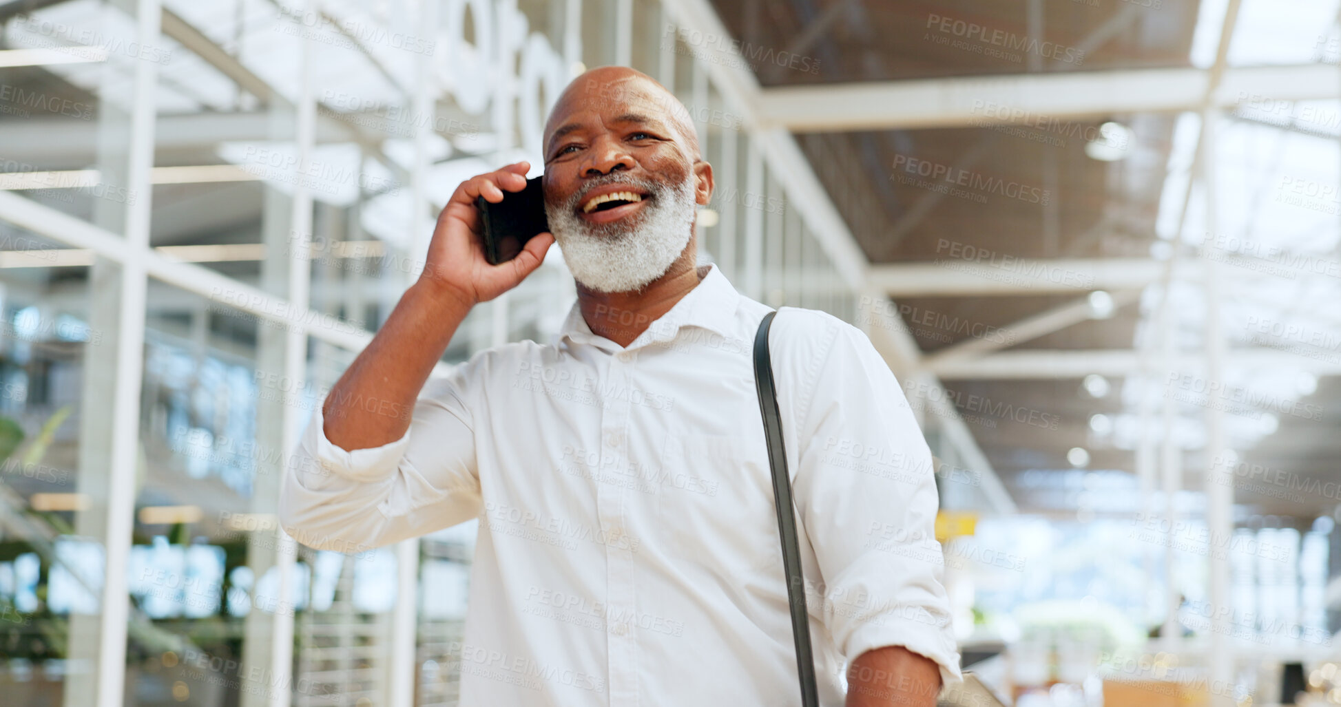 Buy stock photo Business black man, phone call and walking in office building lobby for communication success, negotiation strategy or networking. Happy corporate worker or employee with travel, smartphone and smile