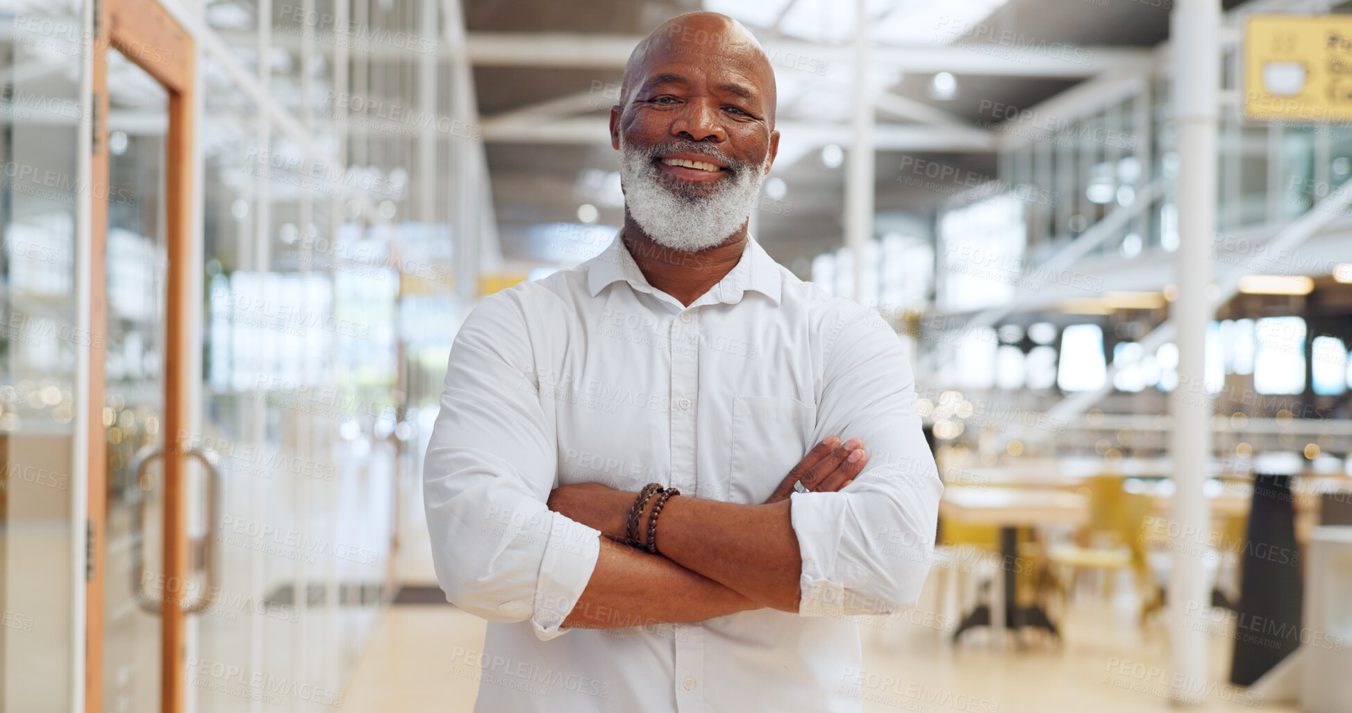 Buy stock photo Mature businessman, face or arms crossed in modern office, coworking space or marketing company with innovation, vision or ideas. Portrait, smile or happy creative designer, manager or leadership ceo