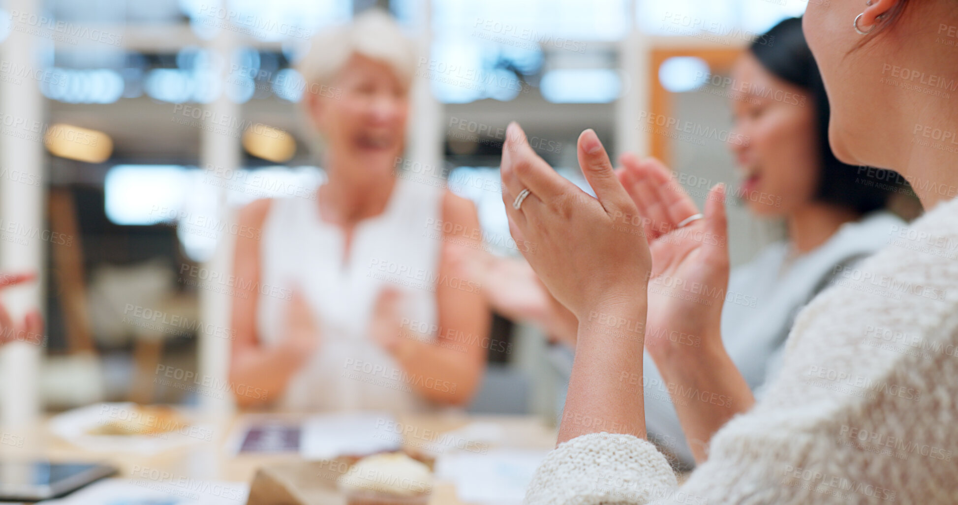 Buy stock photo Happy, hands and business with team, applause and collaboration for success, sales growth and welcome speech in modern office. Staff, group project and clapping for progress and marketing campaign.