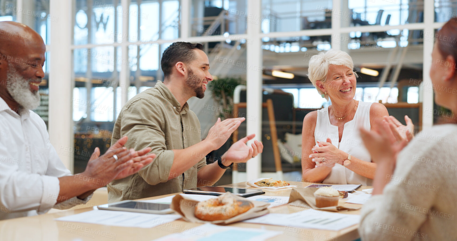 Buy stock photo Happy, hands and business with team, applause and collaboration for success, sales growth and welcome speech in modern office. Staff, group project and clapping for progress and marketing campaign.