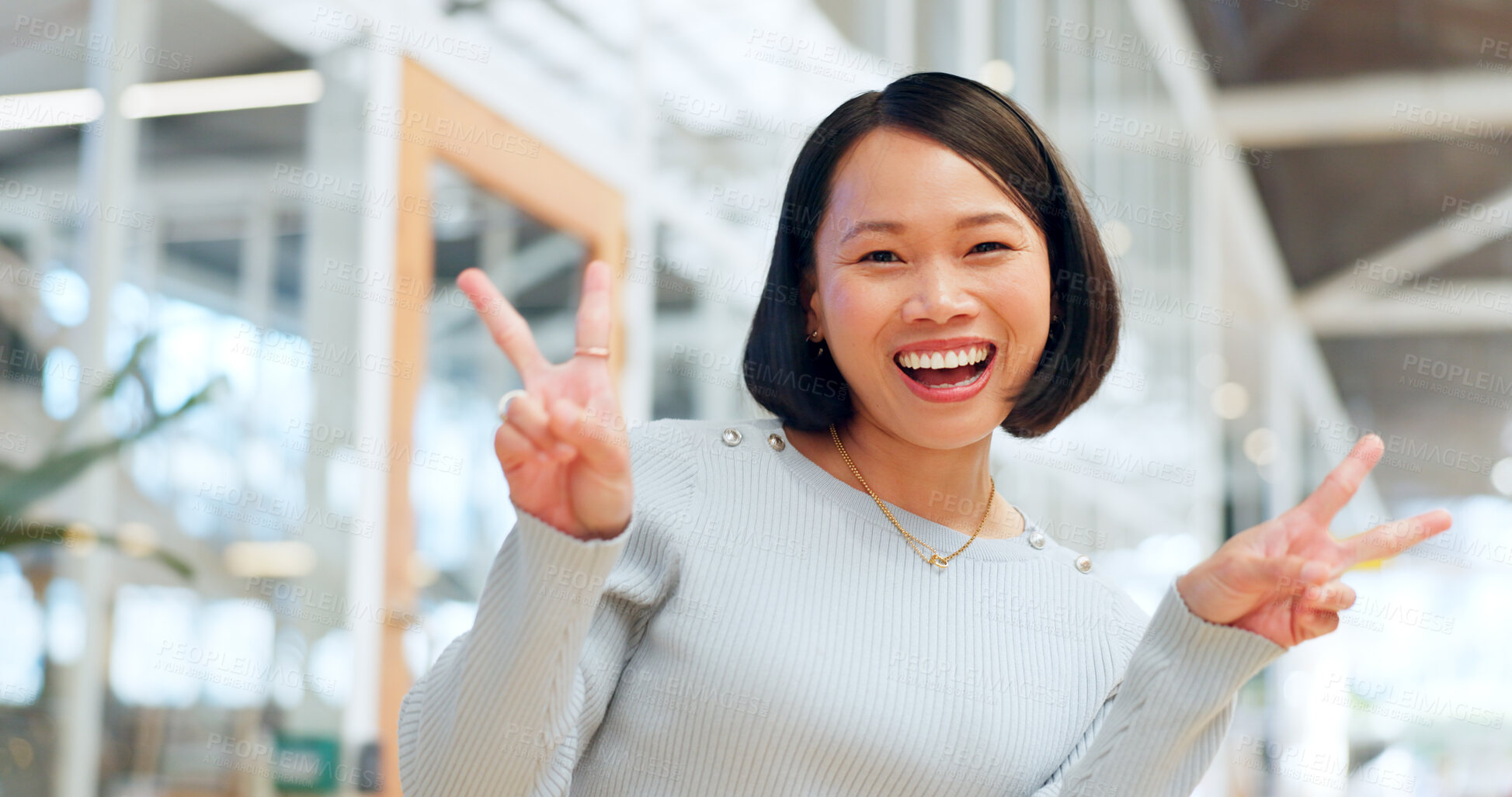 Buy stock photo Peace sign, happy asian woman and face of success, motivation or pride in trendy office building in China. Portrait, excited female and v sign, hand emoji and celebration for happiness, winner or joy