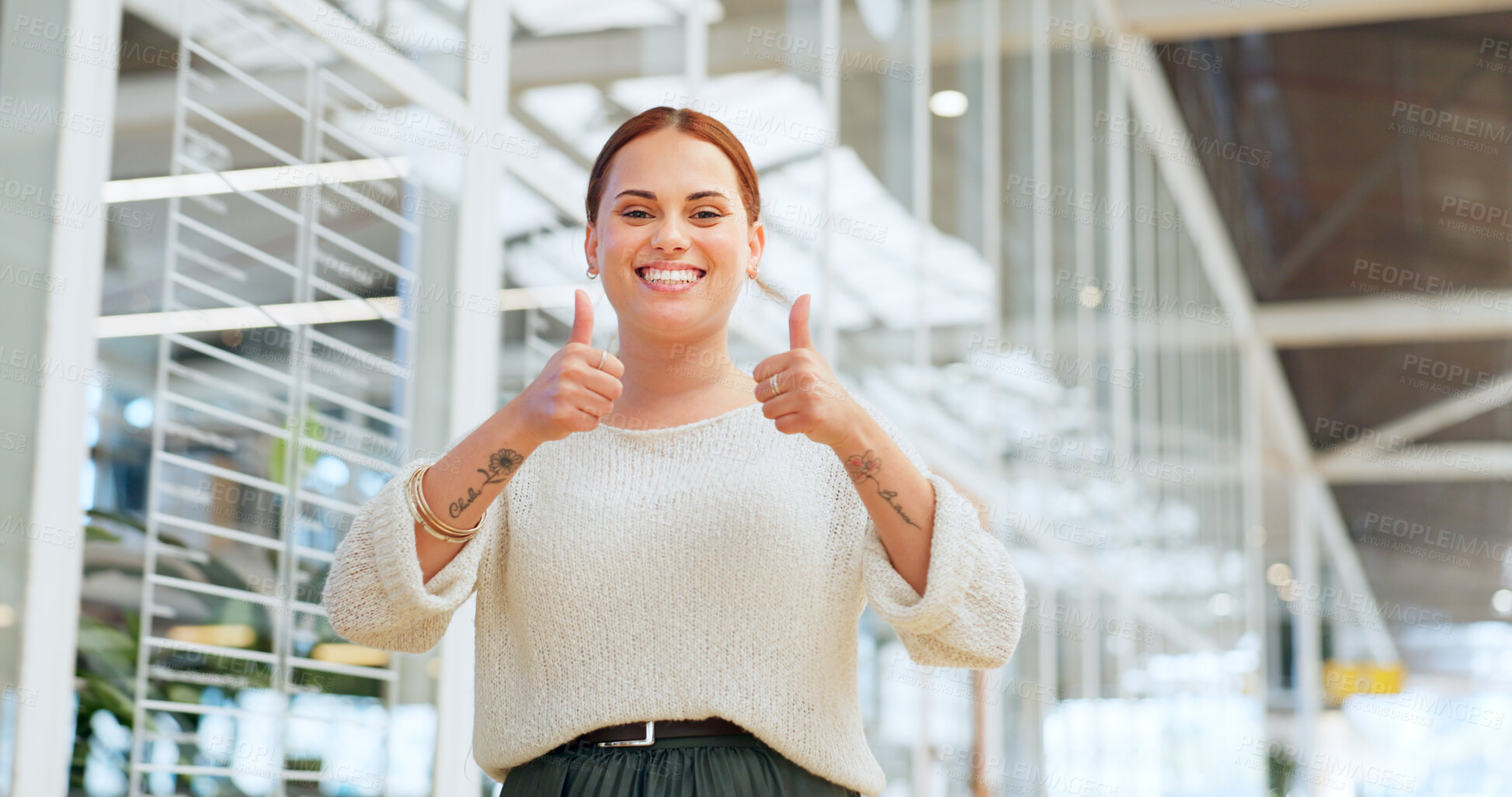 Buy stock photo Thumbs up, smile and businesswoman walking in creative office for employee success, motivation and company support. Woman, happy and thank you hands for small business designer or goal achievement