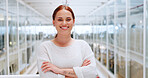 Face, woman and business leader arms crossed, happy and startup company. Portrait, Netherlands female entrepreneur and lady with confidence, leadership and smile for marketing campaign or advertising