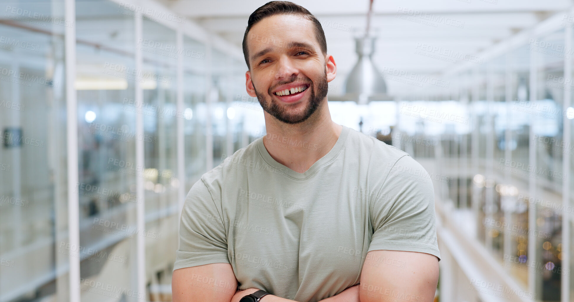 Buy stock photo Vision, mindset and motivation with a business man standing arms crossed in an office for creative work. Marketing, confidence and mission with a male employee working in the design industry