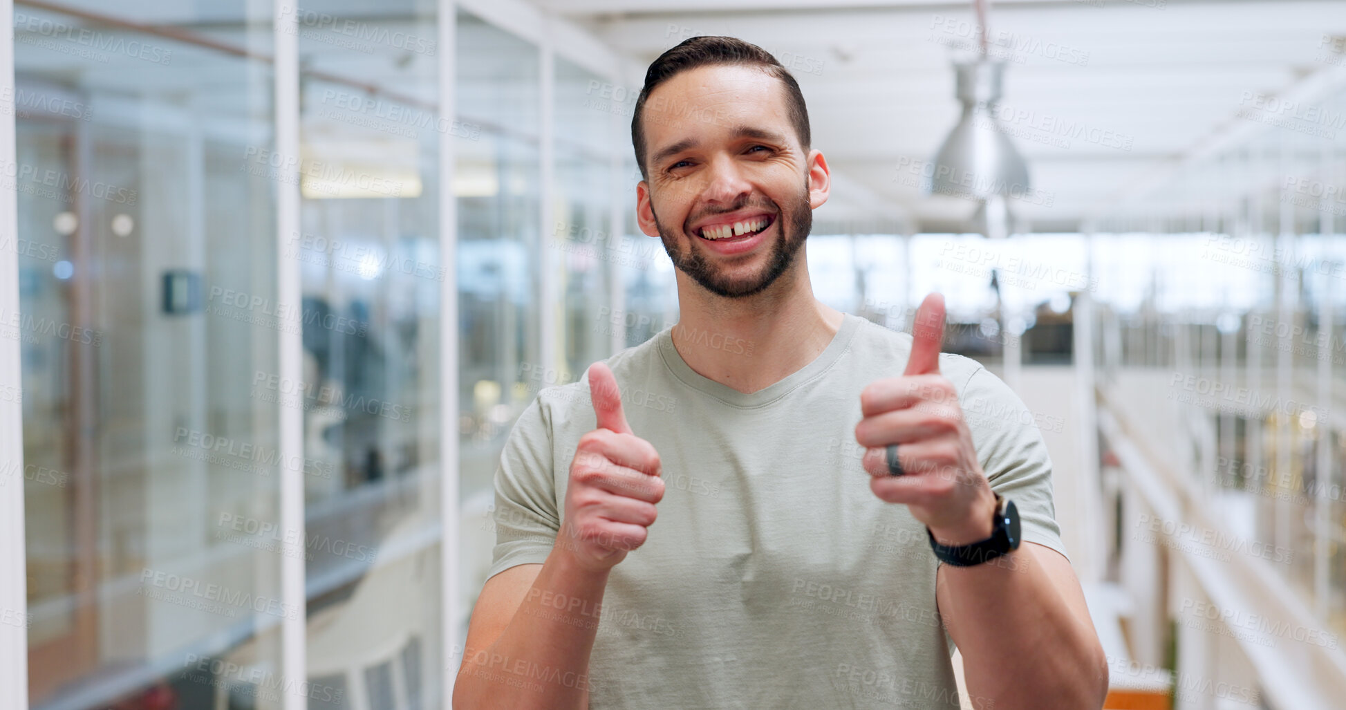 Buy stock photo Success, thumbs up and face of businessman, leadership and mindset motivation with thank you smile in office. Portrait, man and employee goal management or achievement winner, happiness and support