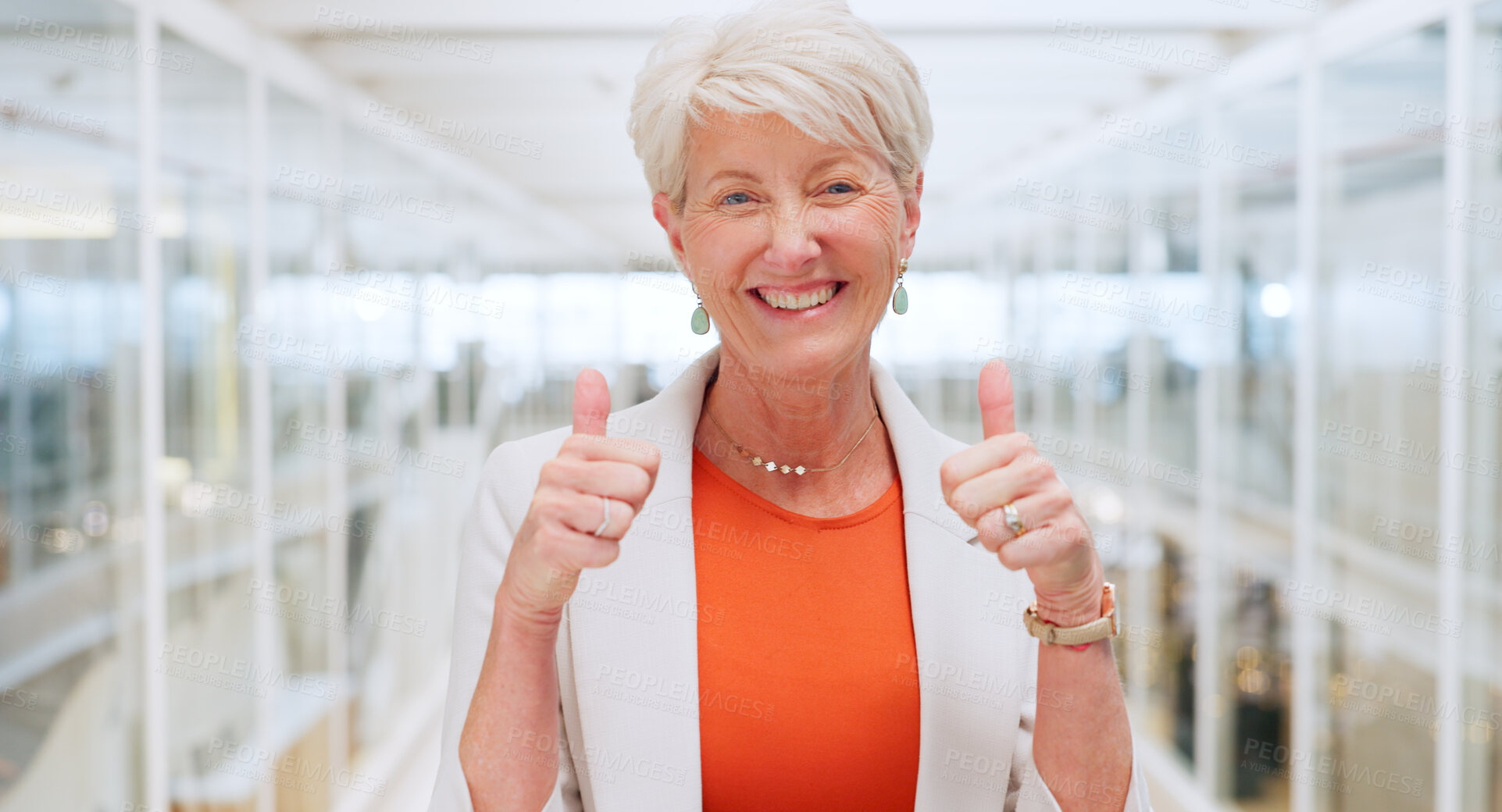 Buy stock photo Woman, face or ceo with thumbs up for success, thank you or agreement support in office room. Portrait, leadership or happy senior manager with thumb up, yes or ok hands sign for business kpi goals