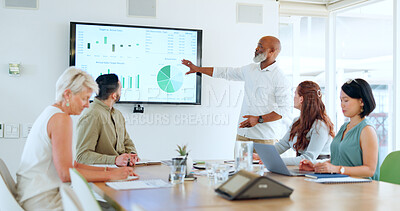 Charts, data and tv presentation of black man in office boardroom. Leadership, meeting or business people with mature businessman presenting analytics, statistics or sales growth graphs on television