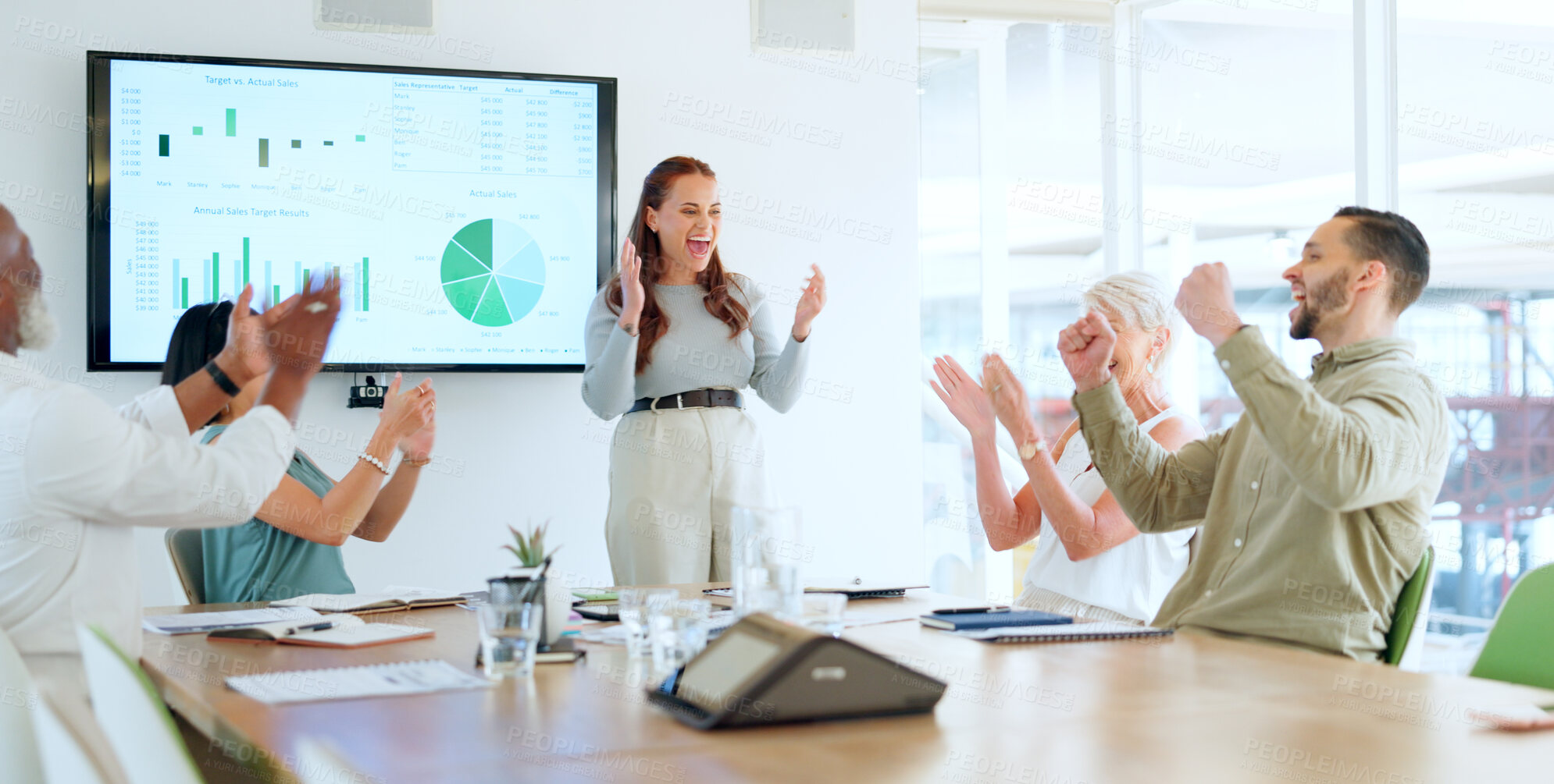 Buy stock photo Success, presentation and business people applause in meeting for profit growth, sales target and goal. Strategy, team planning and happy workers clapping hands for finance chart, graphs and analysis