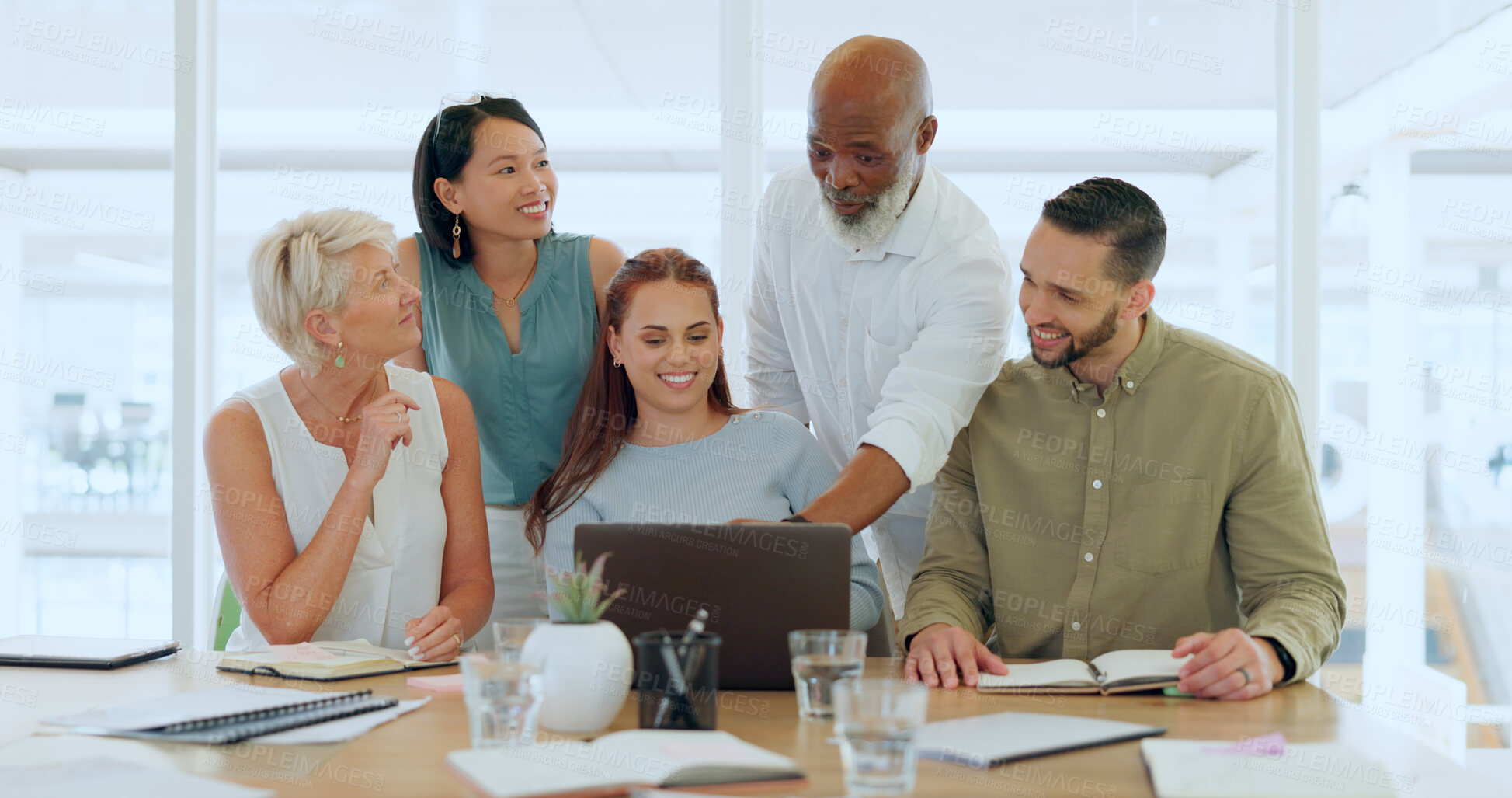 Buy stock photo Teamwork, collaboration and diversity at laptop presentation in office of marketing, advertising and design company. Group idea, brainstorming strategy and team working together on a creative project