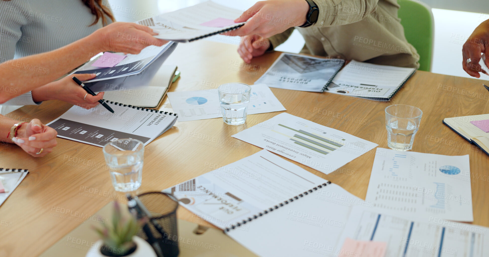 Buy stock photo Business people, hands and analytics in teamwork discussion for corporate statistics or data at the office. Hand of marketing team in business discussion for analysis, planning or target strategy