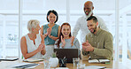 Business people, laptop and applause for teamwork collaboration, high five and smile for project success at the office. Group of happy creative employee workers clapping by computer for team startup