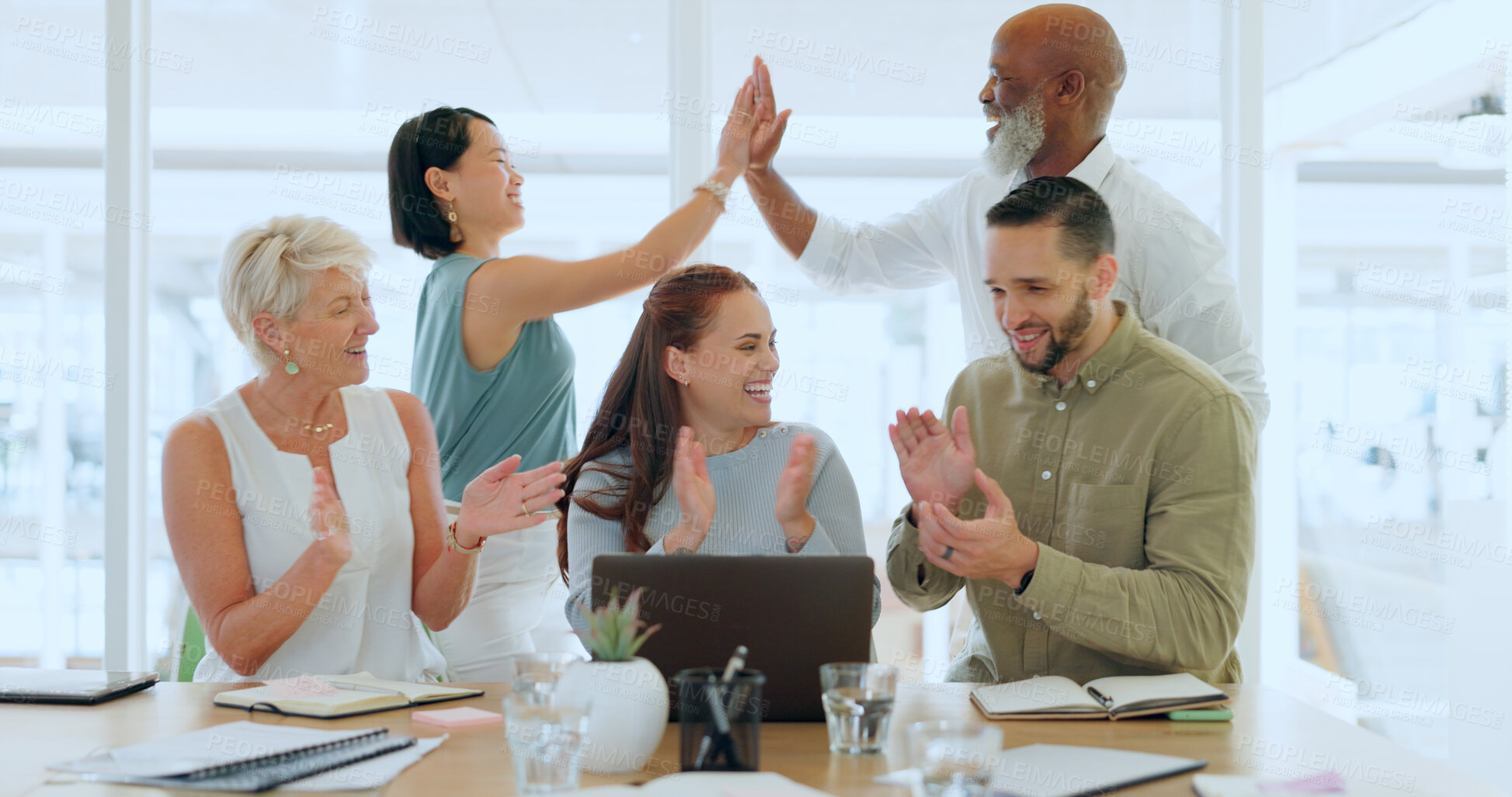 Buy stock photo Business people, laptop and applause for teamwork collaboration, high five and smile for project success at the office. Group of happy creative employee workers clapping by computer for team startup