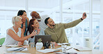 Phone, selfie or business people peace sign for success team building, collaboration or teamwork. Happy, smile or employee wit smartphone for social media, comic or meeting happiness photo in office