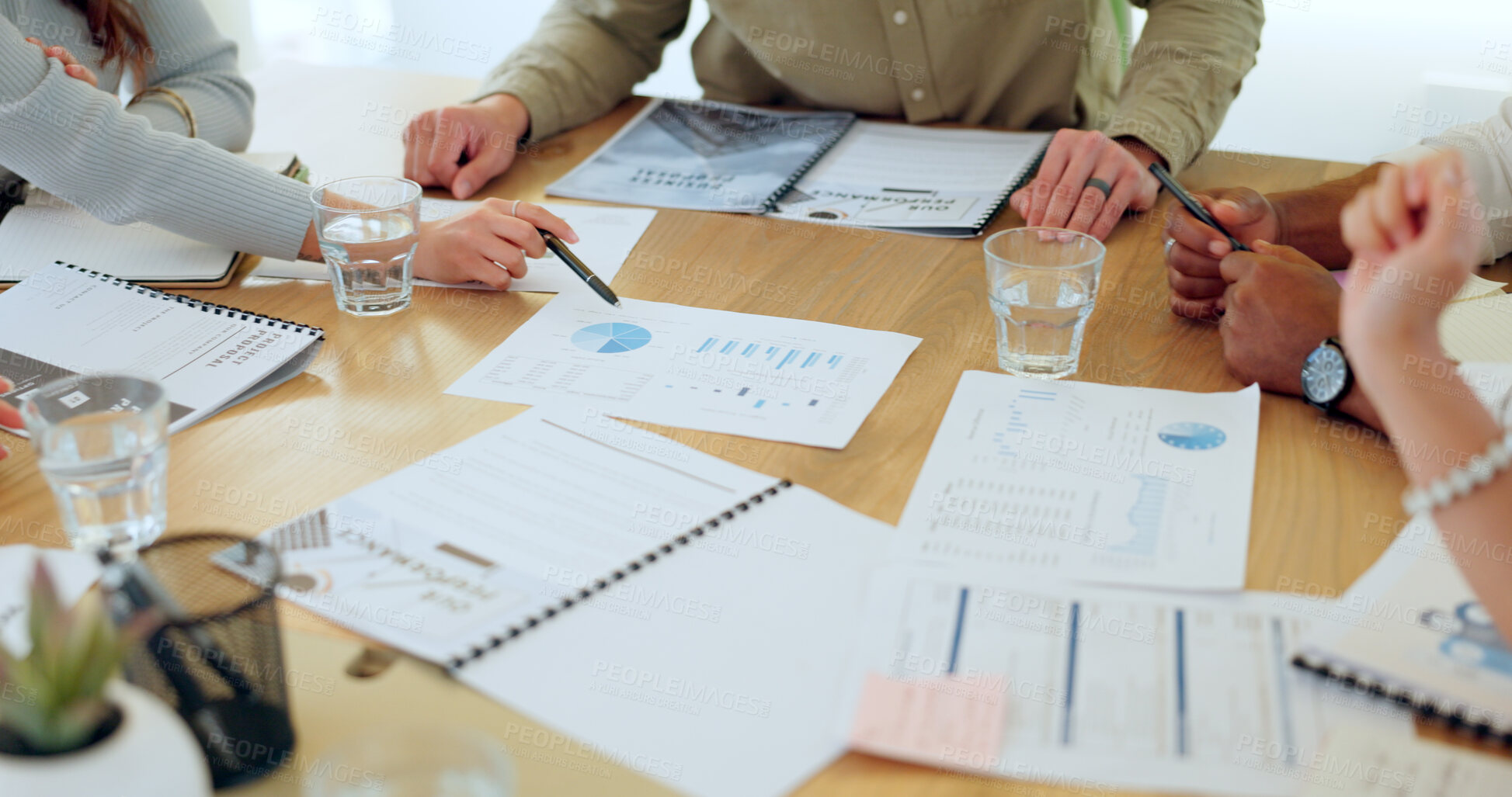 Buy stock photo Business people, hands and analytics in teamwork discussion for corporate statistics or data at the office. Hand of marketing team in business discussion for analysis, planning or target strategy