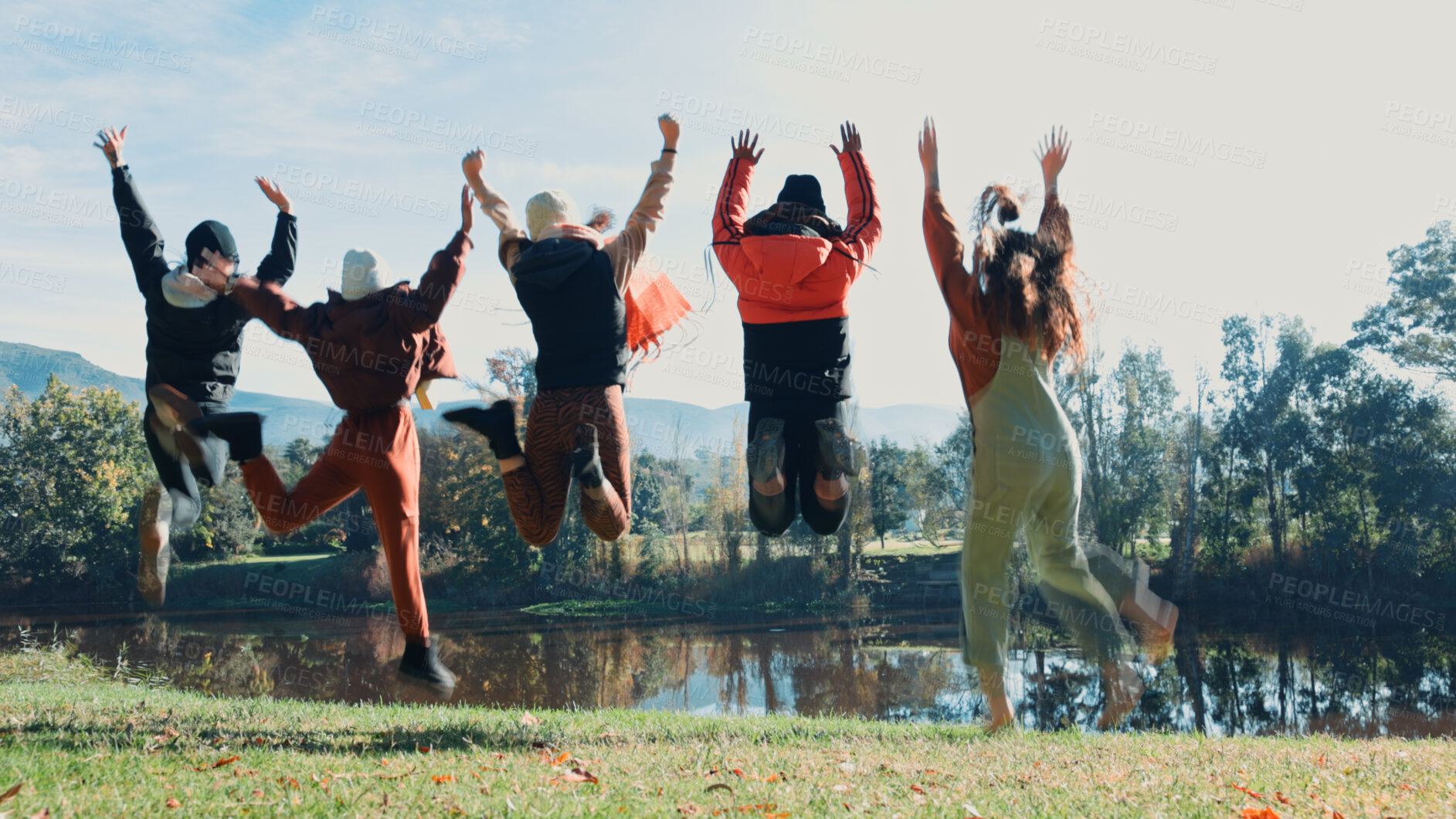 Buy stock photo Friends, nature and jump with back on adventure at water or river for camping on weekend. Travel, group and freedom at campsite on holiday with peace at park with lake in environment for vacation