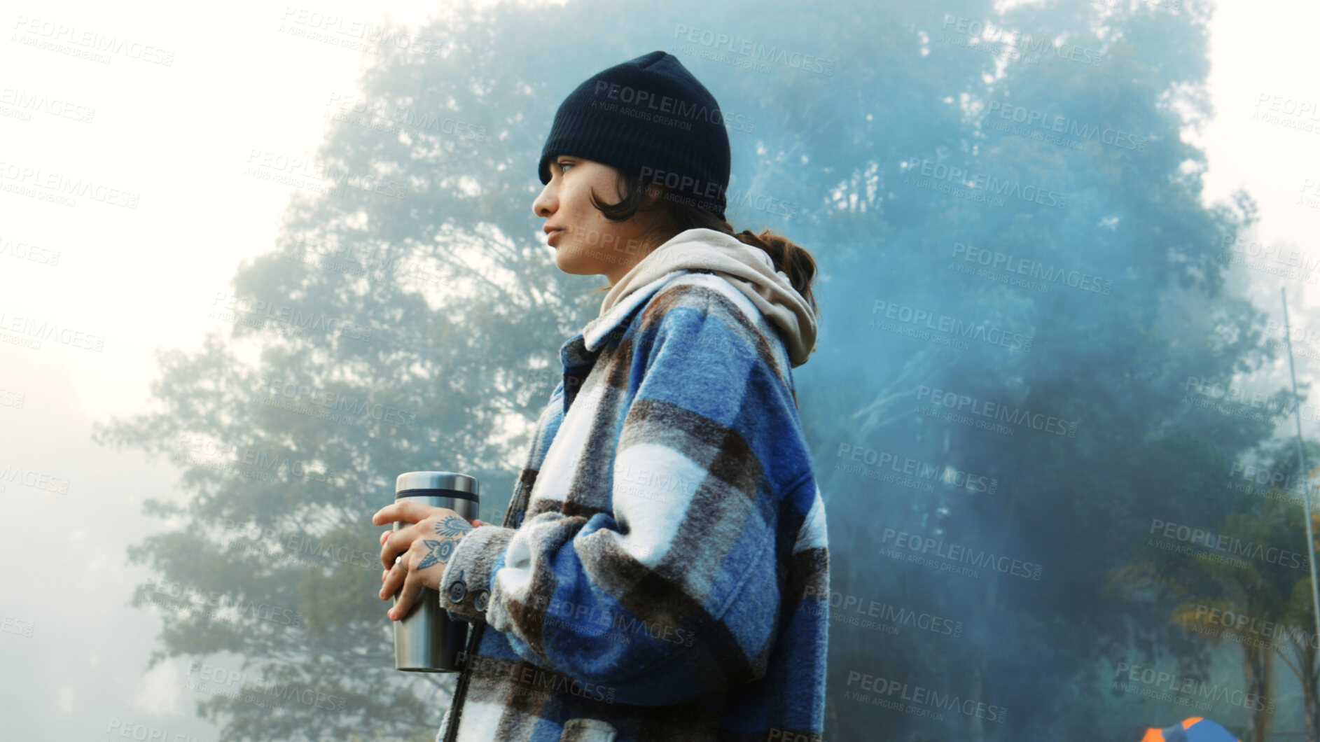 Buy stock photo Woman, thinking and mindfulness outdoor with camping or hiking, fresh air and relax in nature with coffee. Winter, travel and adventure with tea for wellness, peace and calm, future and environment