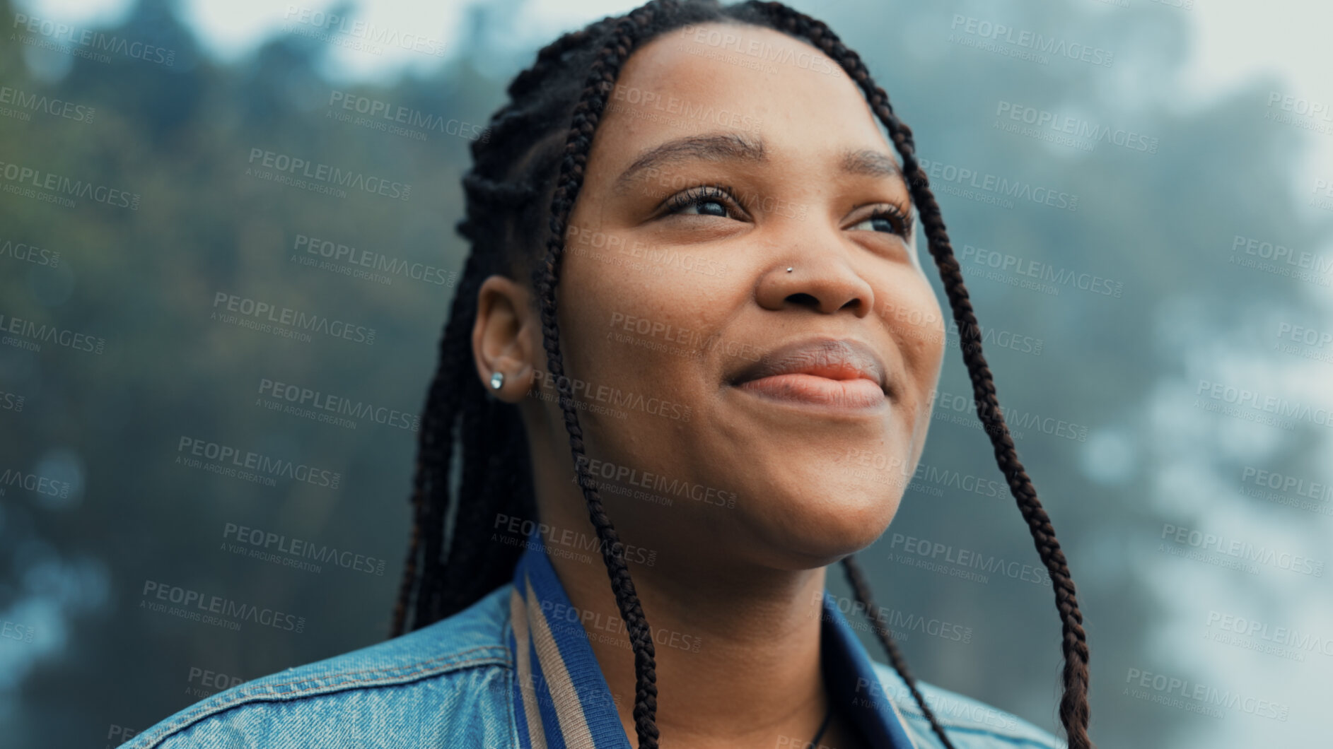 Buy stock photo Black woman, face and thinking, happy outdoor with fresh air while camping and calm in the woods. Travel, adventure and smile for wellness, peace while hiking, relax and mindfulness in nature park