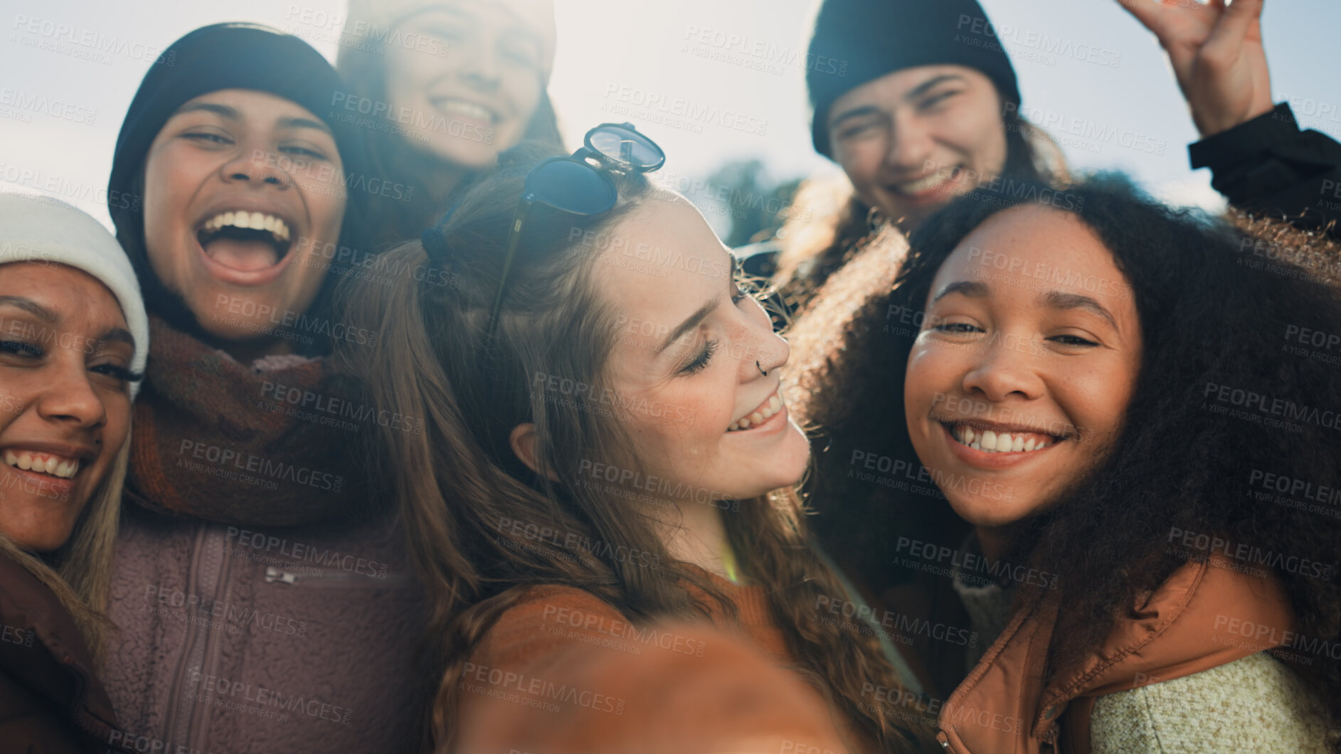 Buy stock photo Friends, selfie and happy in nature, camping or hiking for social media memory, travel and photography. Adventure, winter and camper people bond outdoor, smile in picture with freedom and diversity