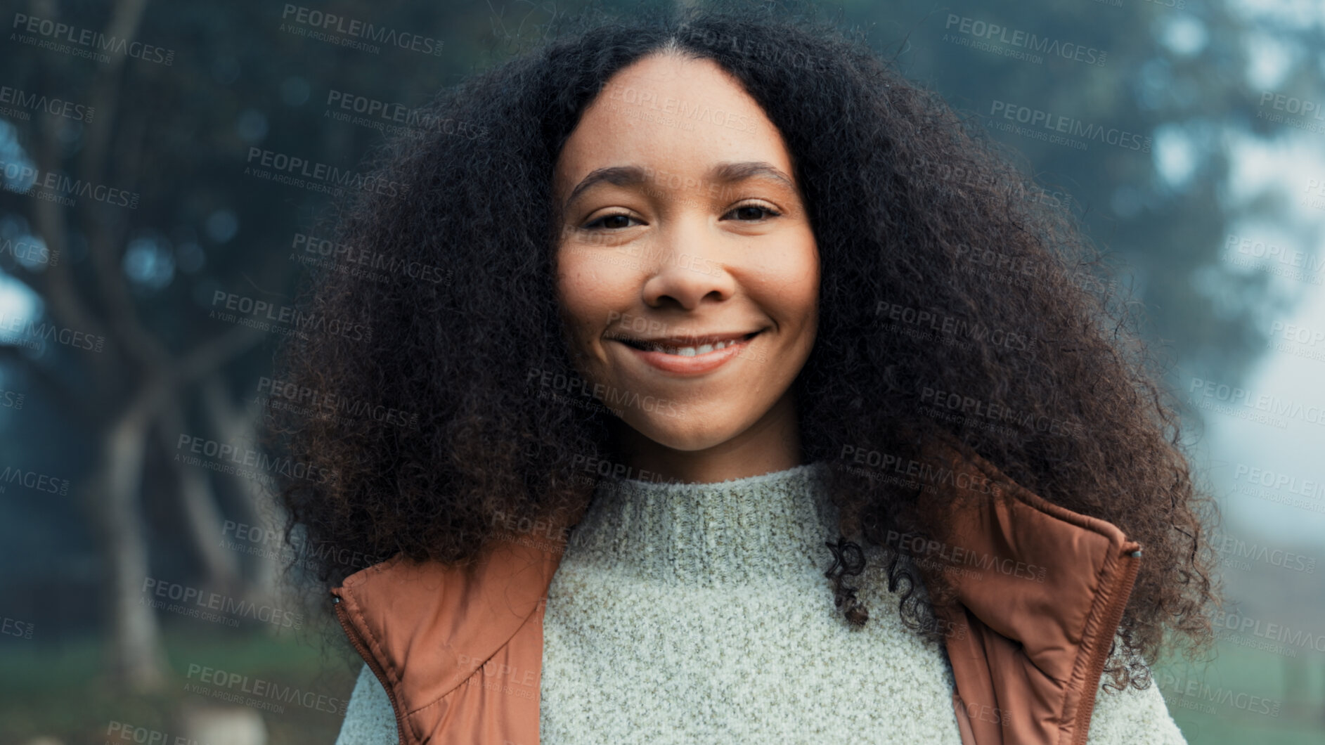 Buy stock photo Portrait, happy and woman camping outdoor in nature to relax in the forest on an adventure. Vacation, woods and hiking of an African female person smile on holiday, health and journey with peace