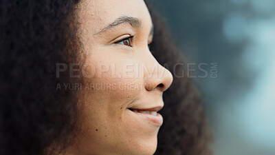 Face, happy and woman in nature, thinking and vacation in the woods to relax. Ideas, calm and facial closeup of a young girl on a holiday, camping and with confidence on a misty morning with a smile