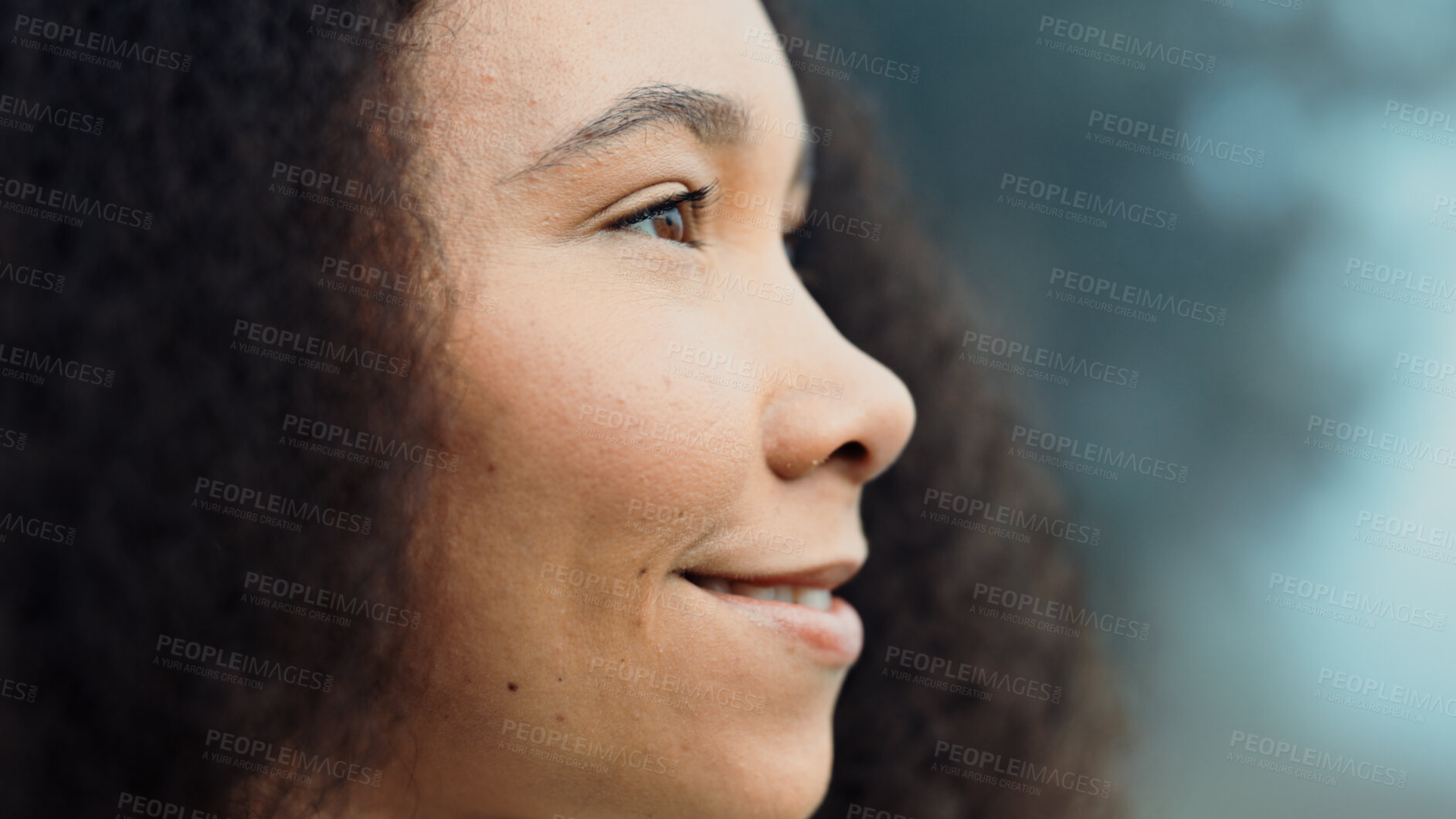 Buy stock photo Woman, face and thinking, meditation in nature with fresh air while camping and calm in the woods. Closeup of travel, adventure and smile for wellness, peace while hiking and mindfulness outdoor